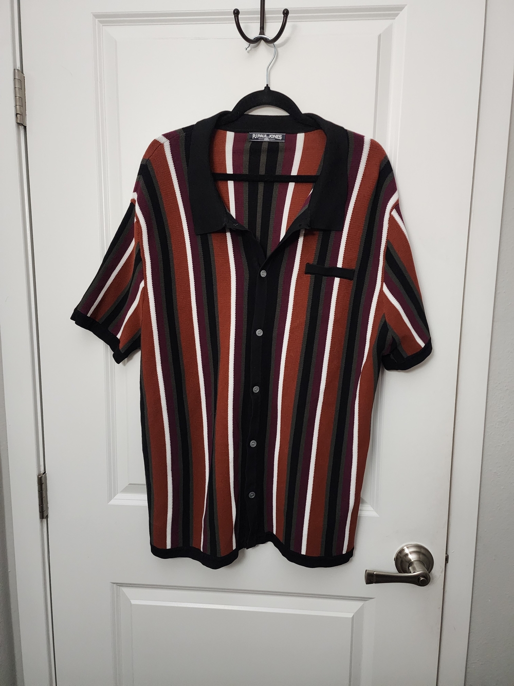 Vertical Stripe Short-Sleeve Button Sweater Shirt